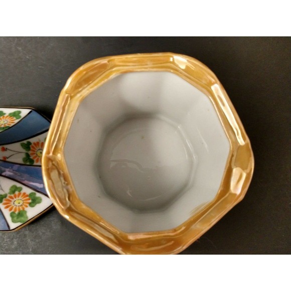 Vintage Lusterware Covered Candy Dish Peach Blue Gold Ceramic Porcelain Painted - Picture 9 of 10
